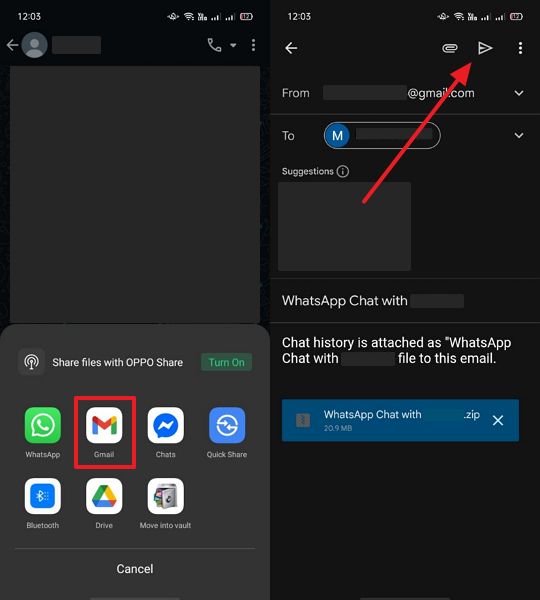 Step 2. From the sharing option, opt for “Gmail” and press the “Send” icon as you enter your iOS email ID
