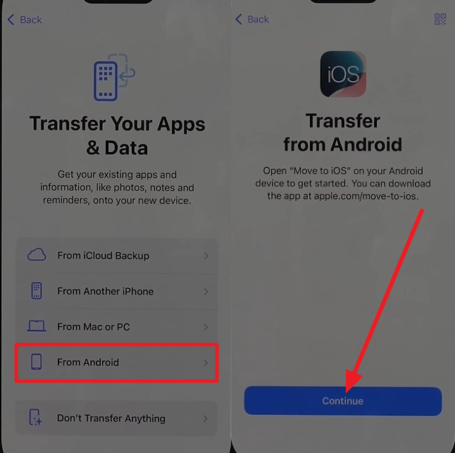 Step 2. Here, select the “From Android” option on the “Transfer Your Apps and Data” interface to get a one-time code.