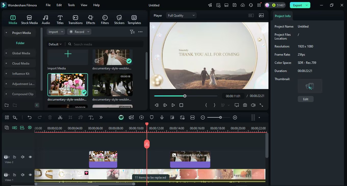 Step 3 Personalize Your Template Video. Include photos and videos of the couple, the wedding location, and any other relevant images. In the template, you can change their size and duration.