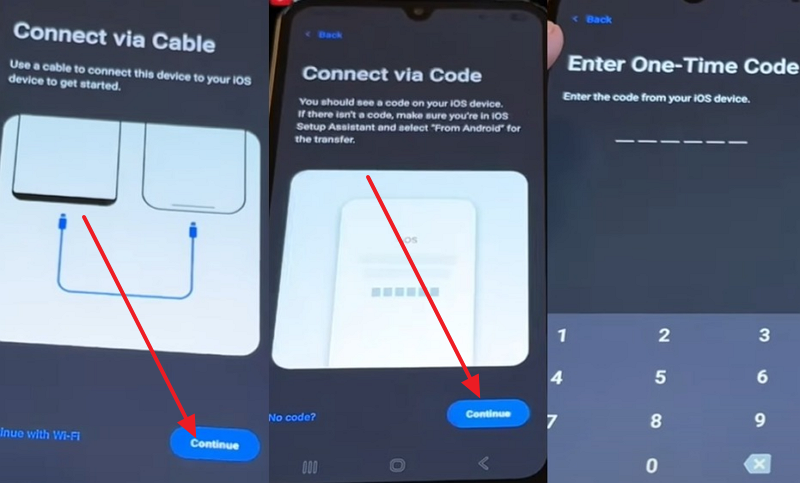 Step 3. On Android, press the “Continue” button when prompted to connect the device via cable, then enter the one-time code. Now, enter the code into iOS and fetch the data type screen on Android.