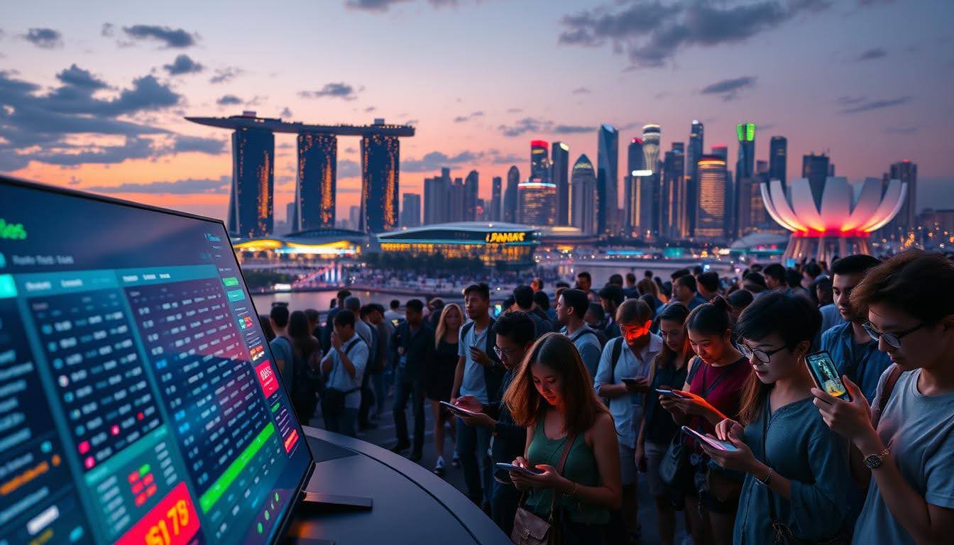 Large crowd using smartphones near a waterfront at dusk, with Marina Bay Sands and illuminated skyscrapers in the background