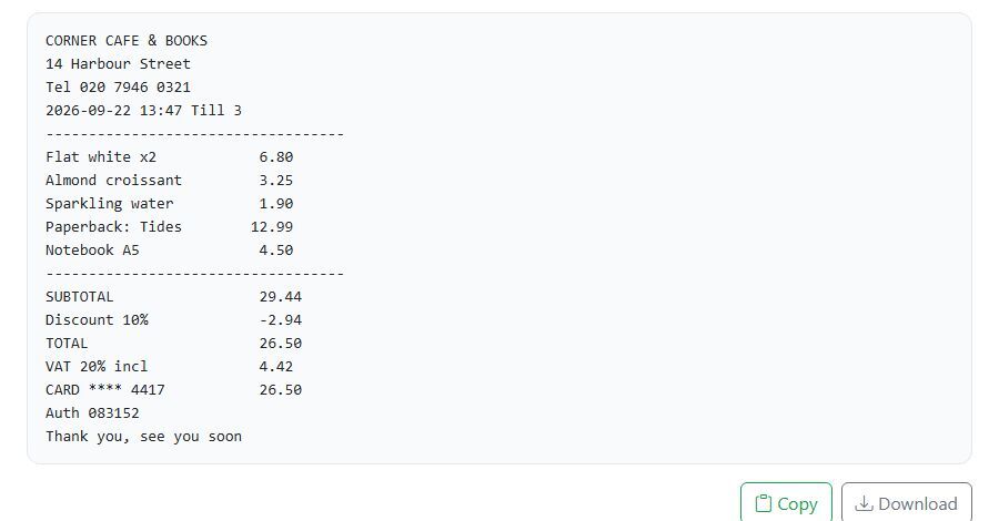 The second receipt run as the page showed it. The prices, totals, card digits and auth code are all there, and both dashed rules run wider than the text below them.