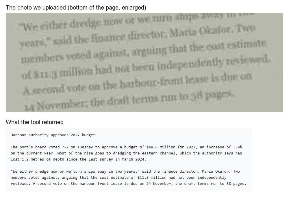 Top, the bottom of the photo we uploaded, enlarged; its last line starts 14 November. Bottom, the tool's text for the clipping, which says the vote is due on 24 November and runs the printed lines together.