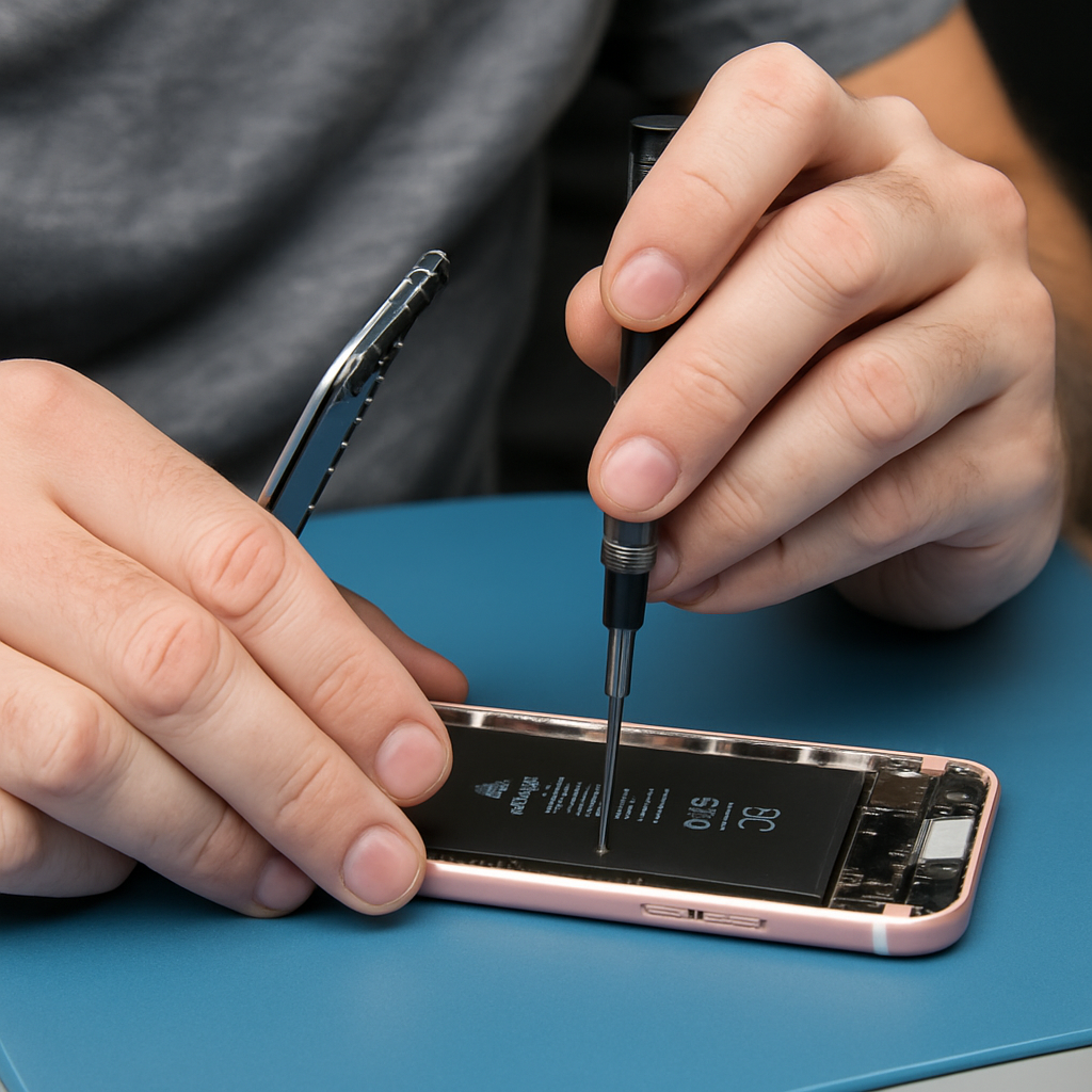 Person repairing an opened smartphone with a screwdriver, showing internal components.
