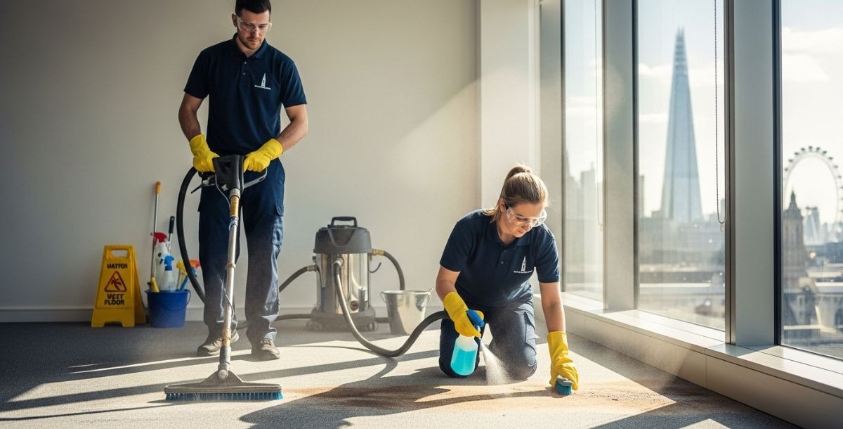 Two cleaners in uniform and yellow gloves deep-cleaning a carpet in an office with large windows overlooking a city.