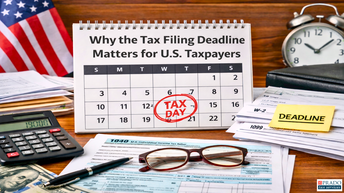 U.S. tax filing deadline highlighted on a calendar with tax forms and documents on a desk