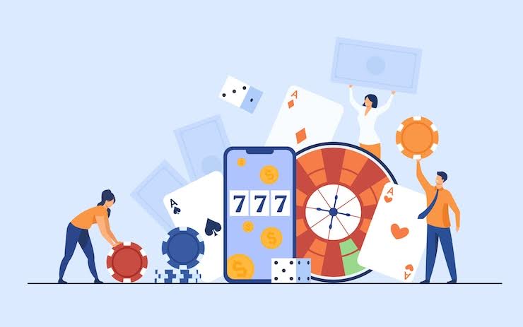 Happy tiny people gambling in online casino