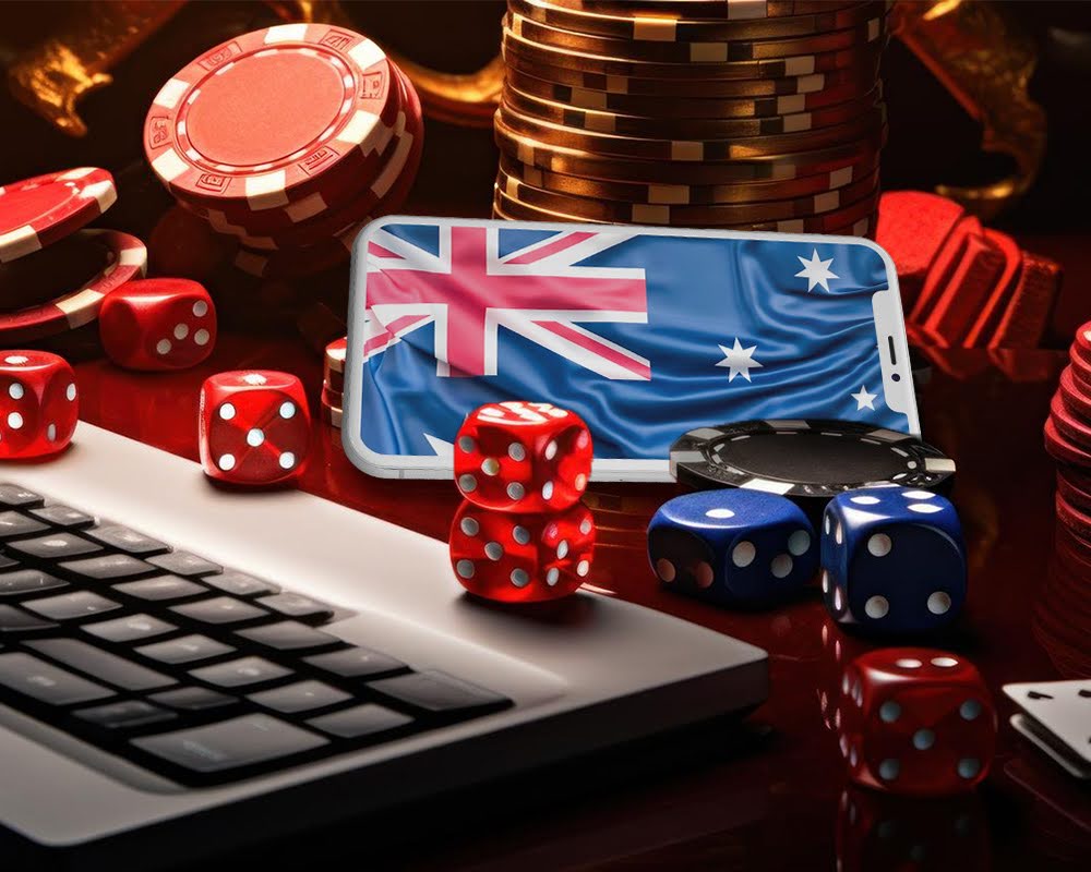 Close-up of poker chips, dice, and a smartphone showing the Australian flag, symbolizing online gambling in Australia.