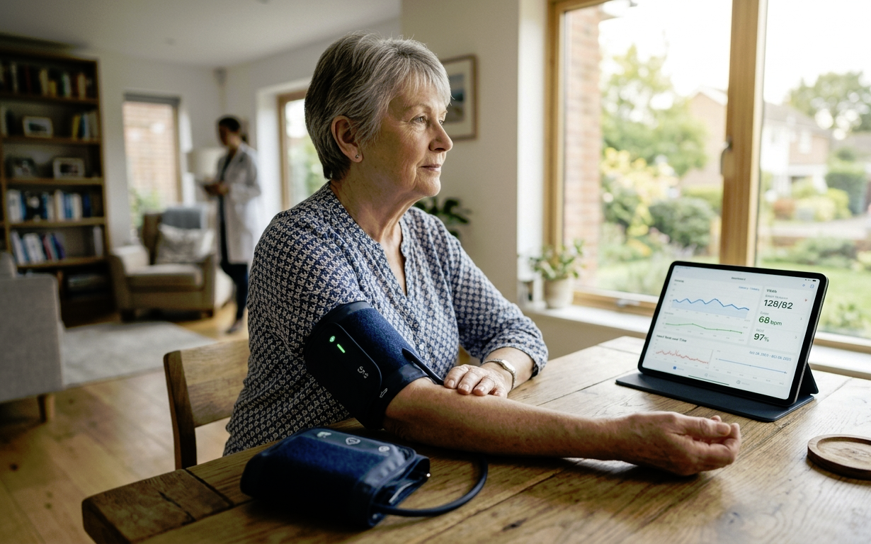 Woman wearing a blood pressure cuff