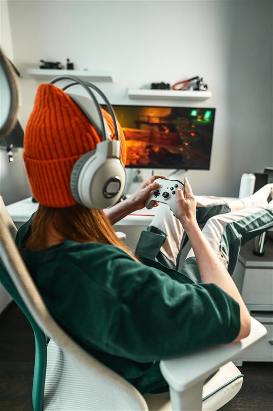 a close up of a woman playing using her computer