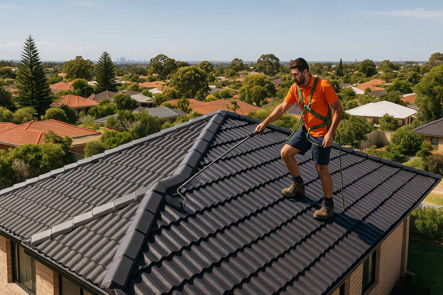 a man on the roof holding a tools to fix the roof