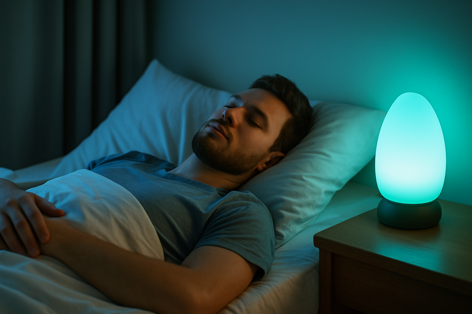 a man sleeping next to mood lamp