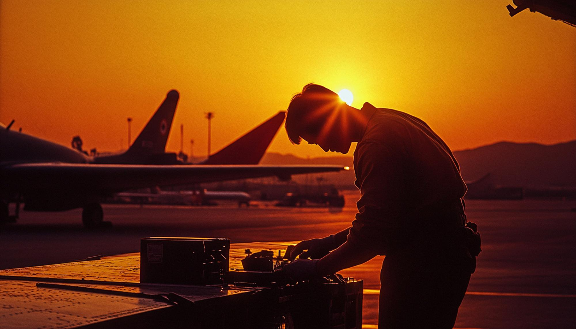 a man with plane in the background at sunset
