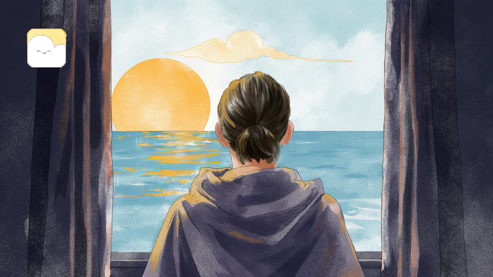 a painting of a woman looking out at the sunset