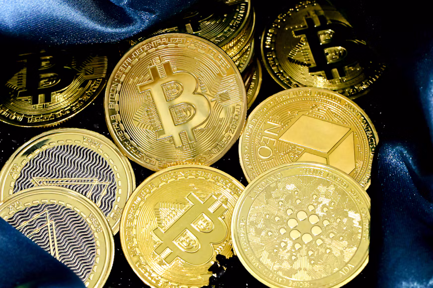a pile of bitcoins sitting on top of a blue cloth
