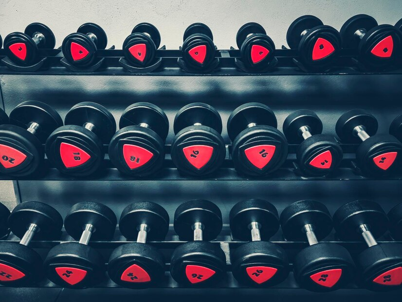 a rack of dumbells