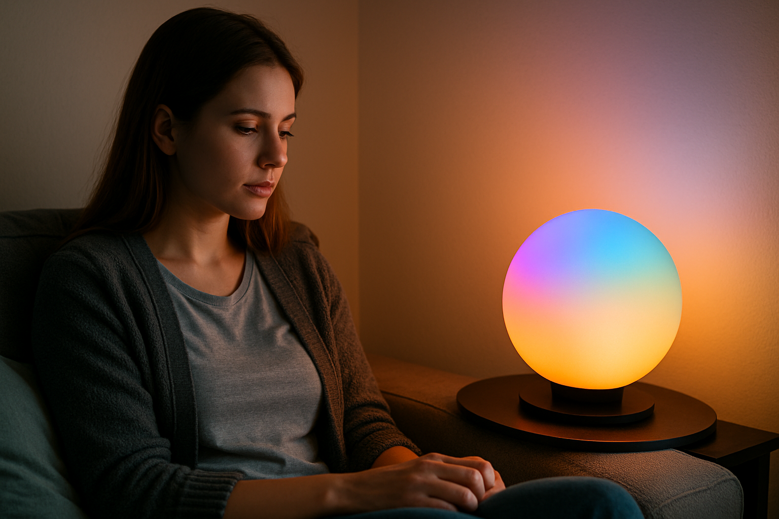 a woman sitting beside a mood lamp