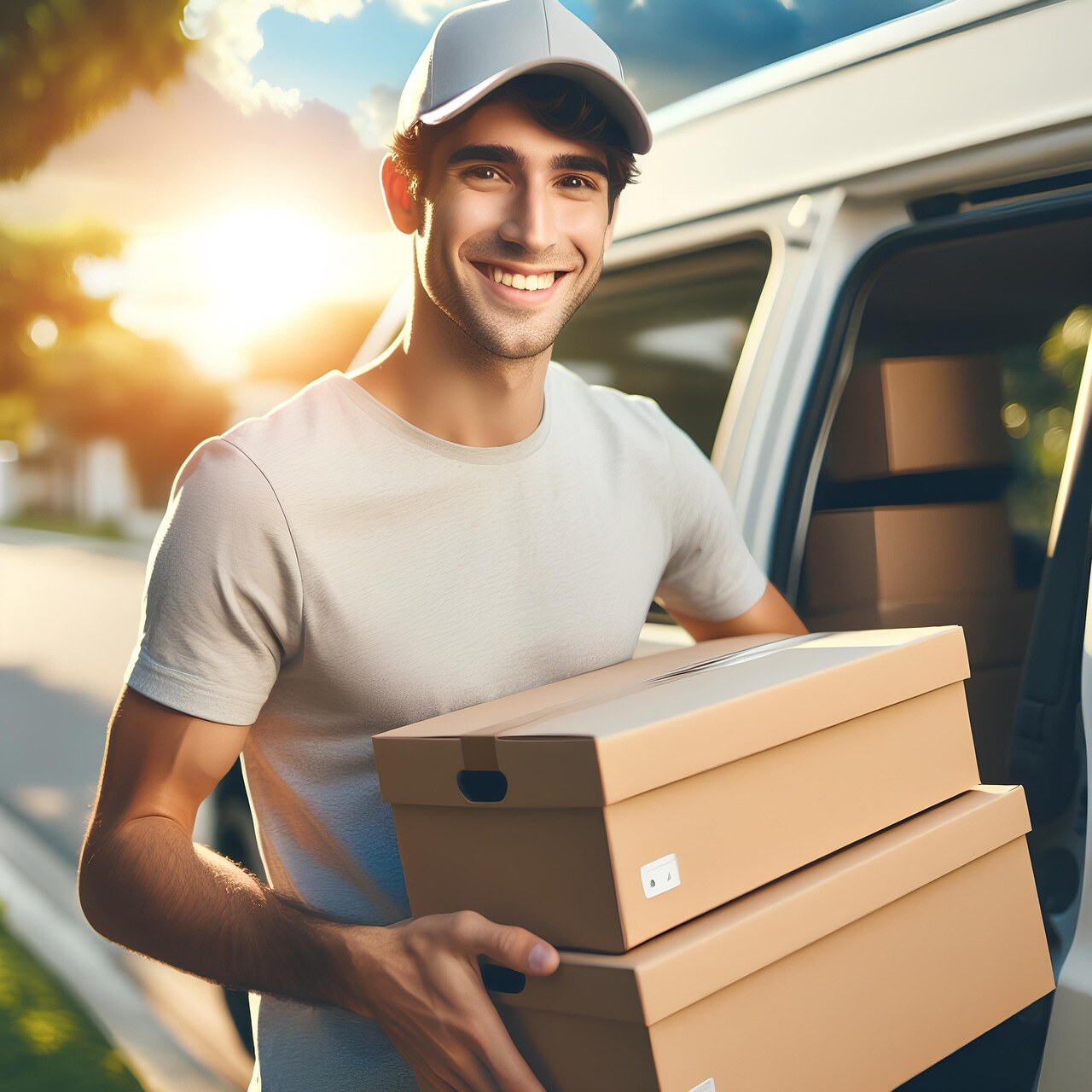 Smiling delivery worker holding packages near a van in warm sunlight.