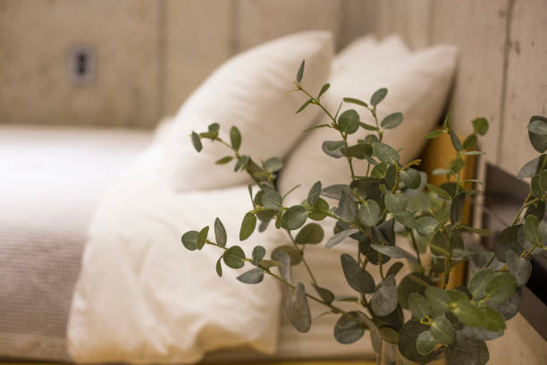 bed in background with vase of eucalyptus leaves in foreground