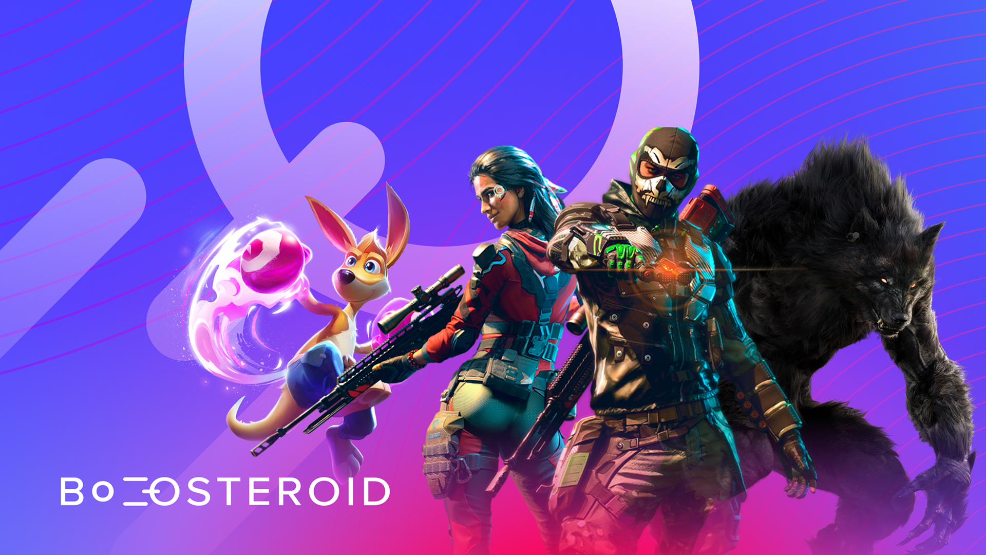 A marketing graphic for Boosteroid cloud gaming. It features a dark, moody background with a lineup of popular game characters and titles
