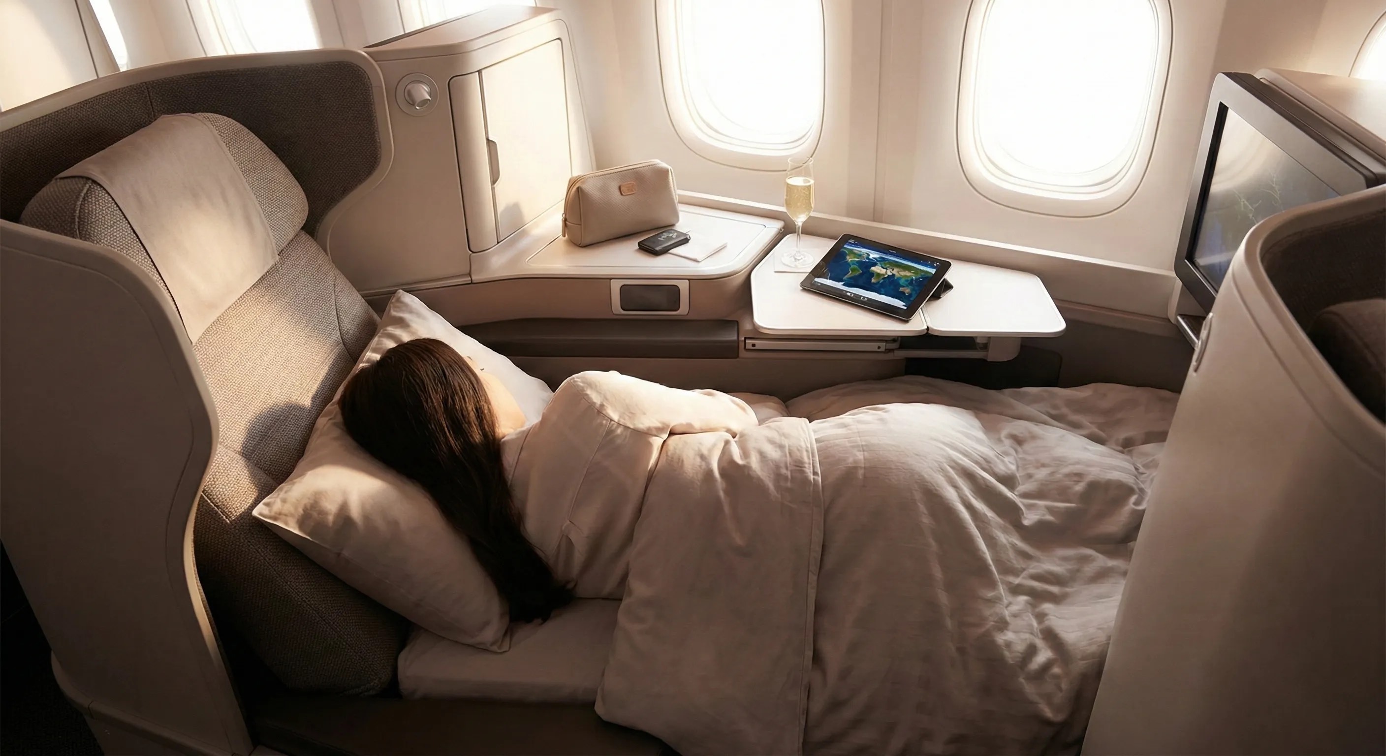 A passenger sleeping comfortably in a business class lie-flat seat on a luxury airliner, with a glass of champagne and an amenity kit on the side table.