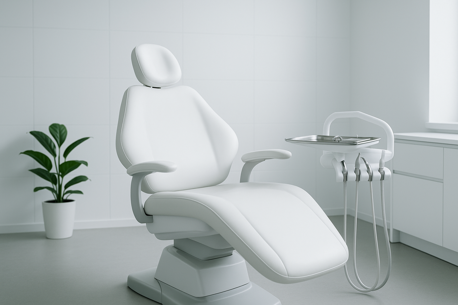 Modern dental office with a white chair, tool tray, hanging instruments, and minimal decor.