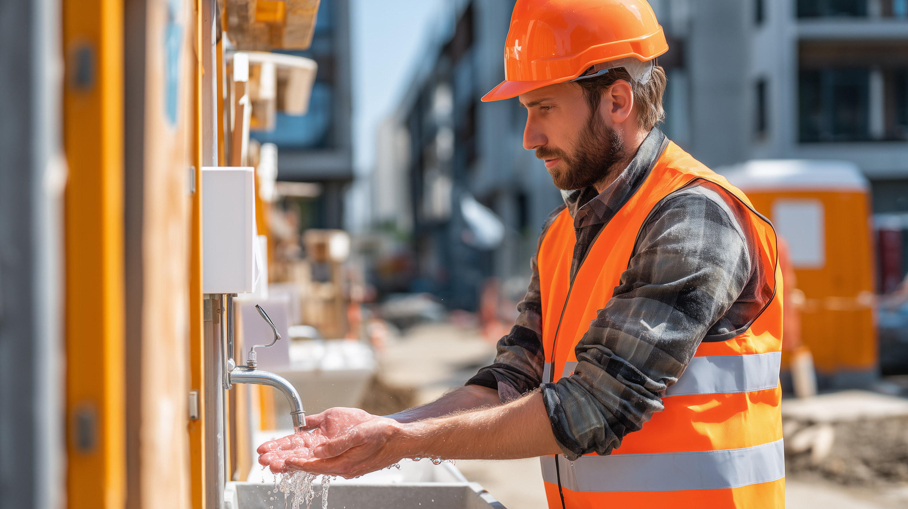 Worker washing his hands in a running water