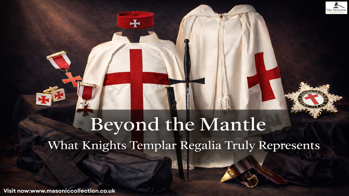 Detailed view of Knights Templar Masonic regalia, including the cross, mantle, and breast star, representing rank and honor.