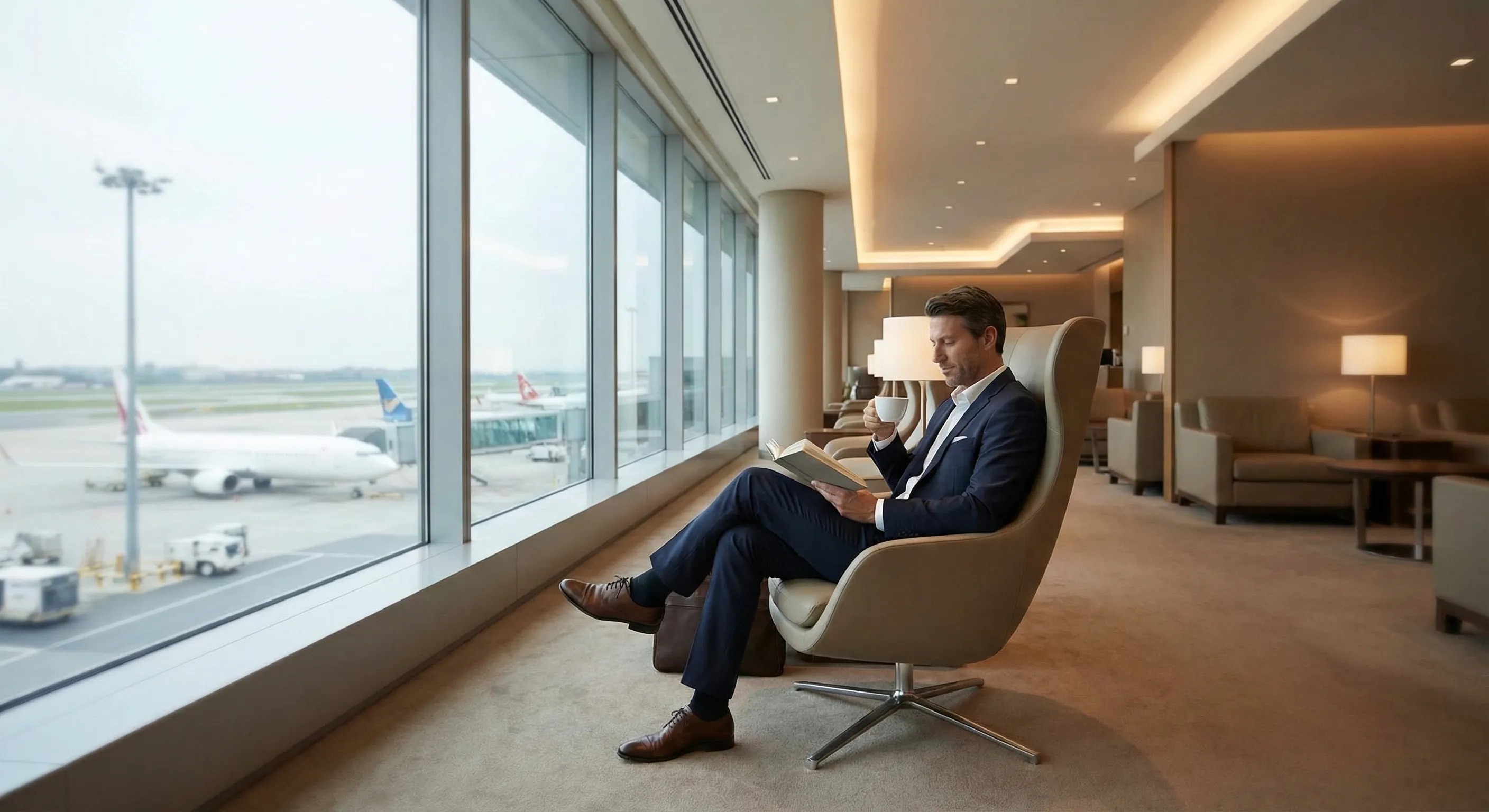 A well-dressed man relaxing and reading a book in a quiet, exclusive airport lounge with large windows overlooking the tarmac.