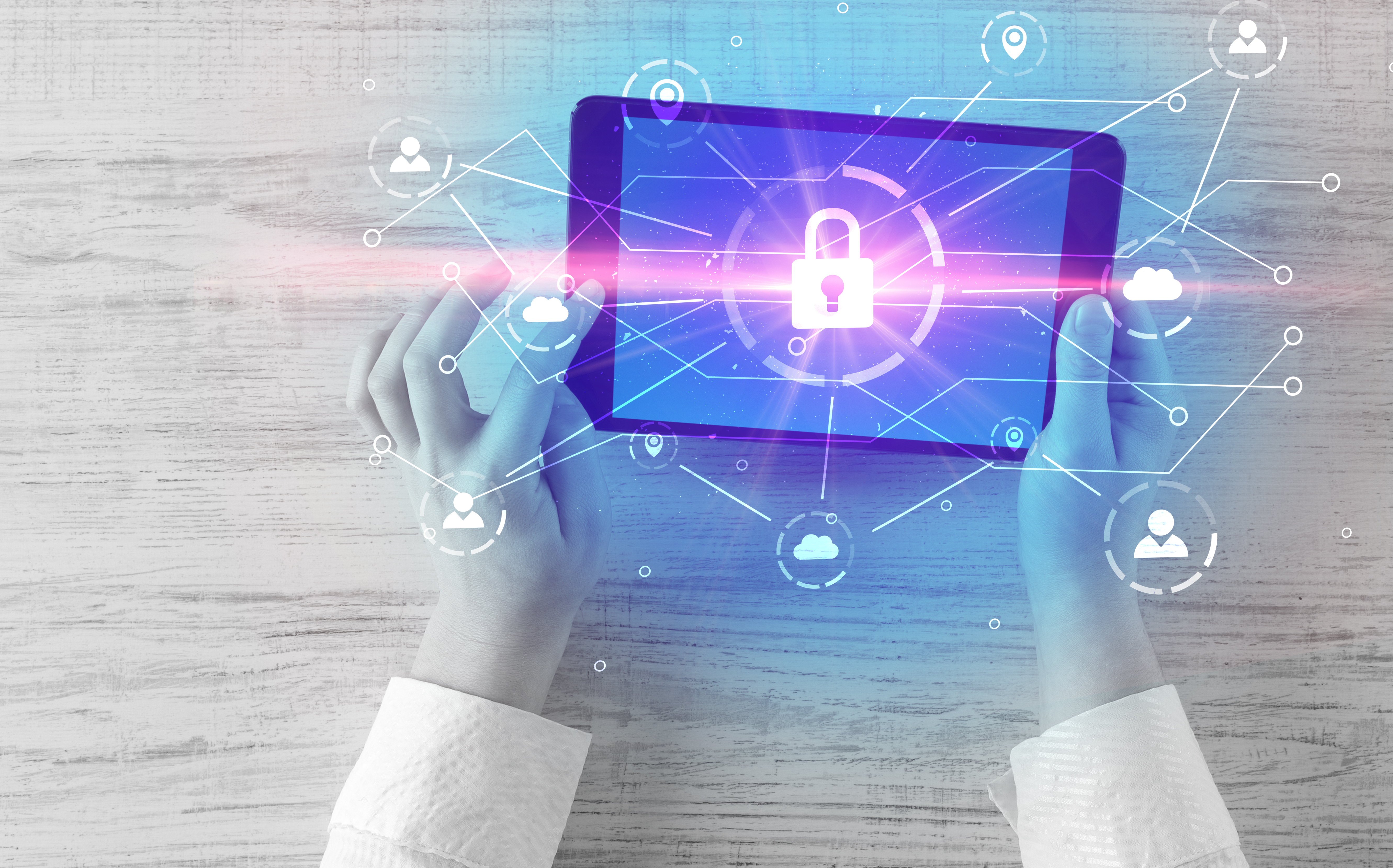 Hand touching online network security button and cloud, connection and contact concept