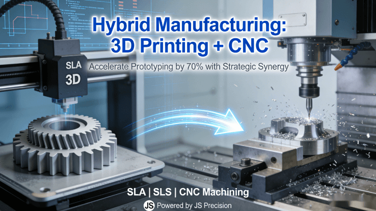 "Diagram of hybrid manufacturing process showing SLA 3D printer and CNC machine collaborating for rapid prototyping, with data flow and precision tools."
