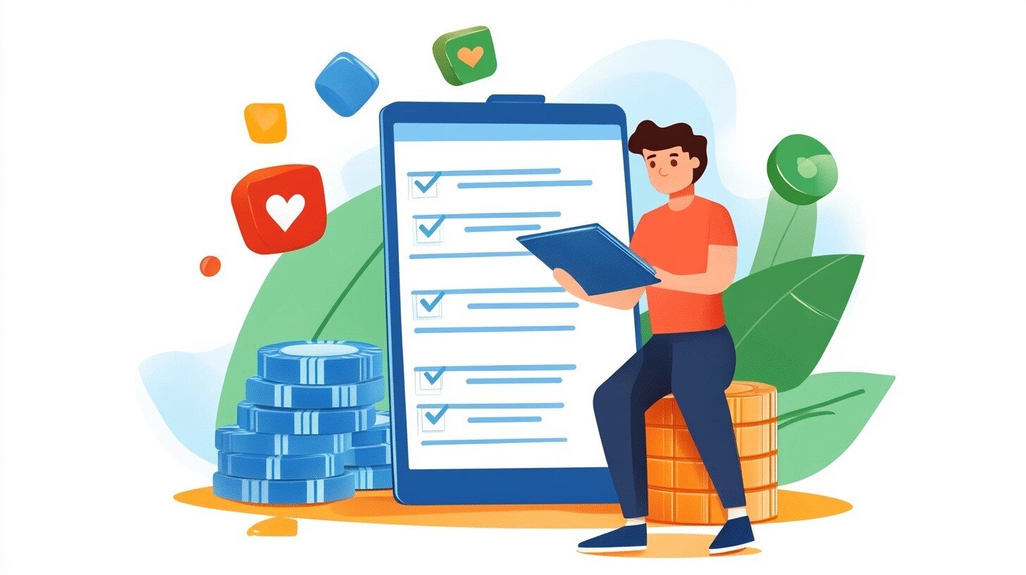 an icon of a man holding a binder with a picture of form list in the background