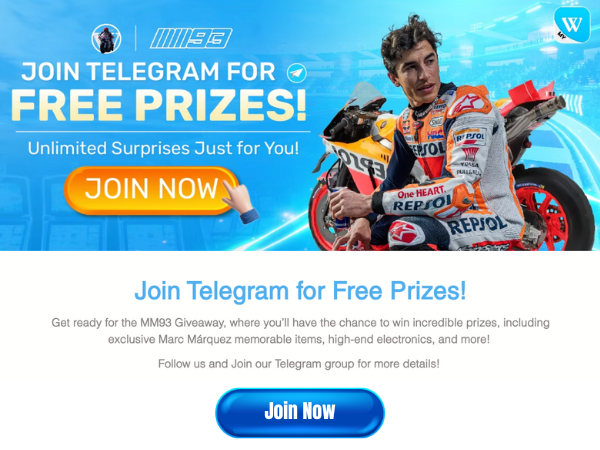 A promotional image featuring Marc Márquez on a motorcycle, with text inviting users to "JOIN TELEGRAM FOR FREE PRIZES!"