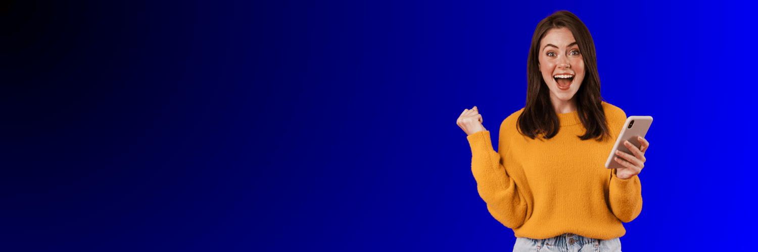 woman cheering on royal blue background