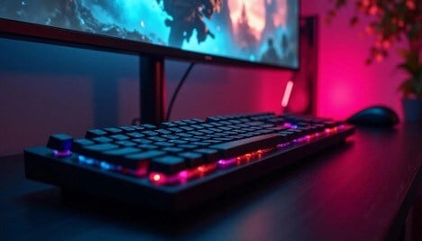 Close up of gaming keyboard and monitor - dark room with red and blue lights featured