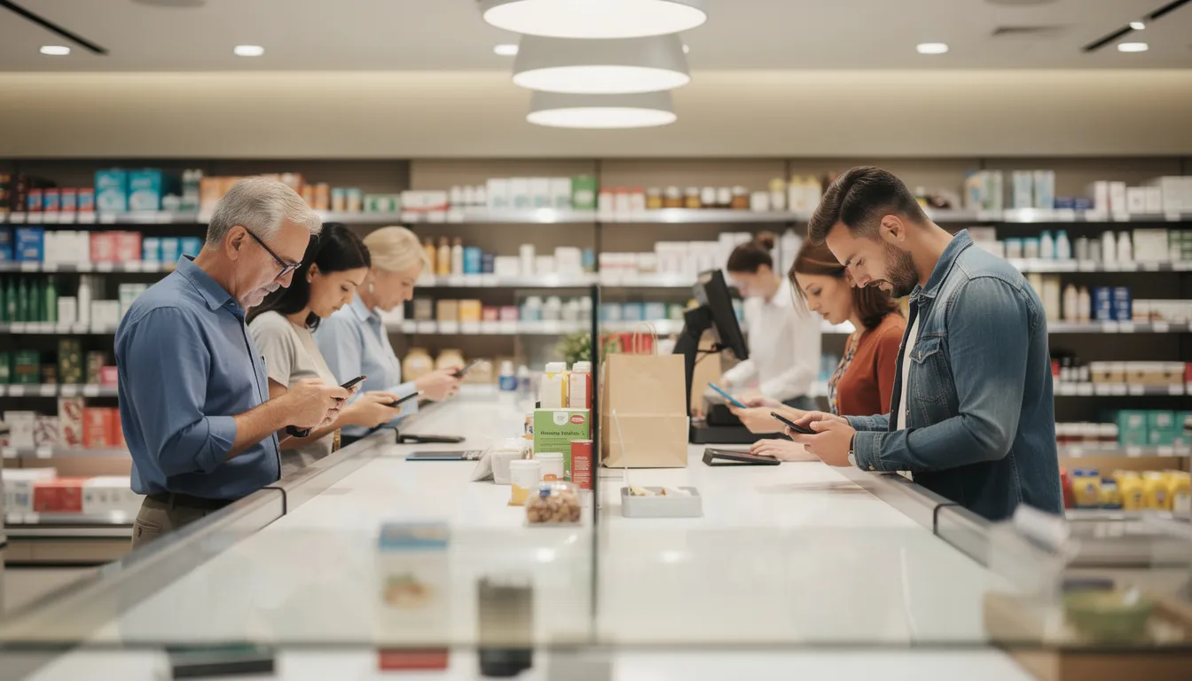 people standing at a retail counter, each focused on their smartphones