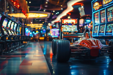 Image of F1 Car inside Casino of slot machines