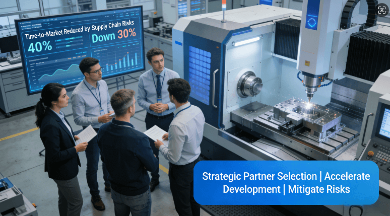  Engineering team in smart factory evaluating rapid prototyping partner with 5-axis CNC machine and real-time data dashboard showing reduced development time and supply chain risks, highlighting strategic partnership for innovation