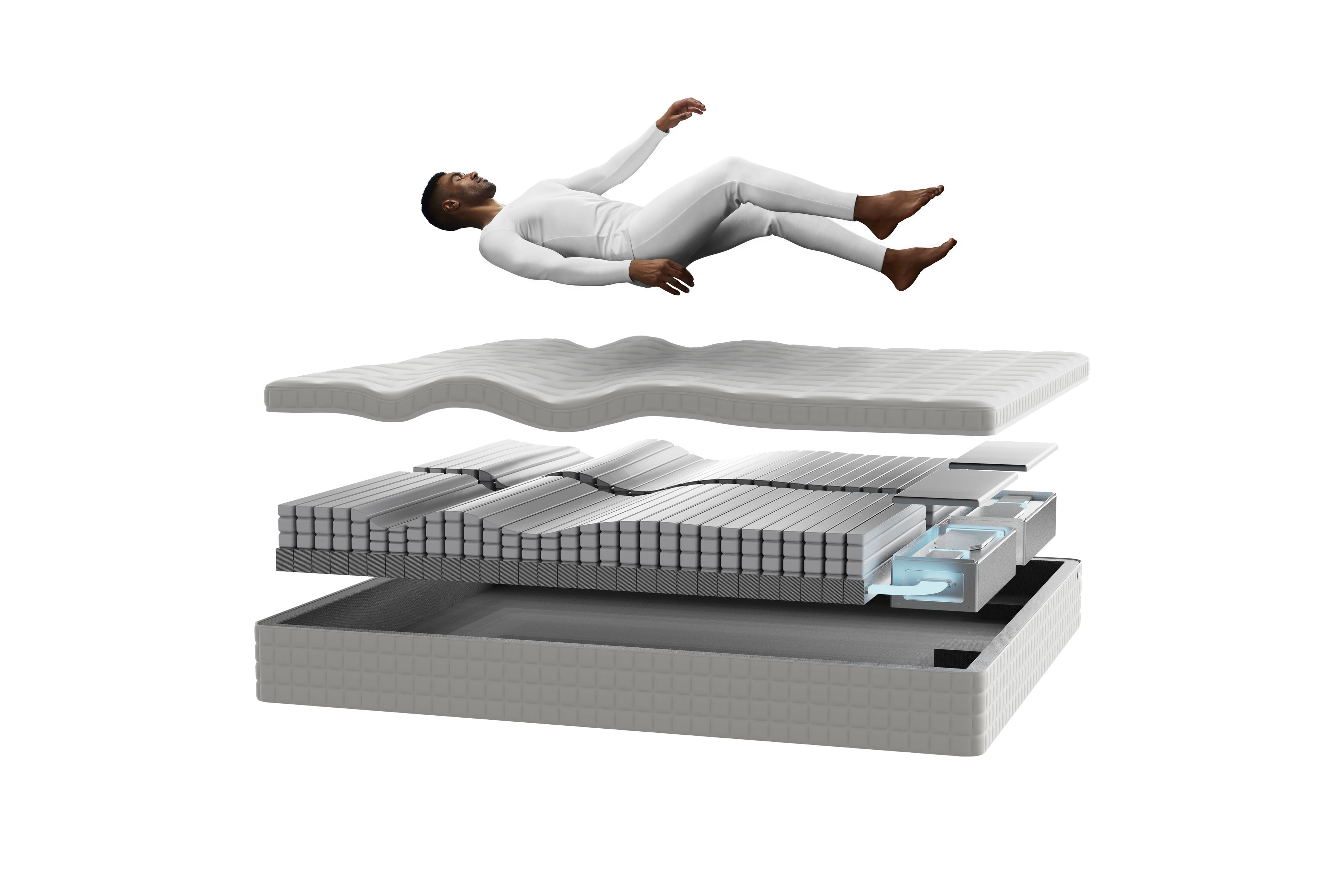a man floating above a mattress