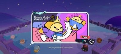 Video game screen with a crowned character lifting another, surrounded by opponents in a starry night arena, labeled “Stage 3: Final 1/8.”