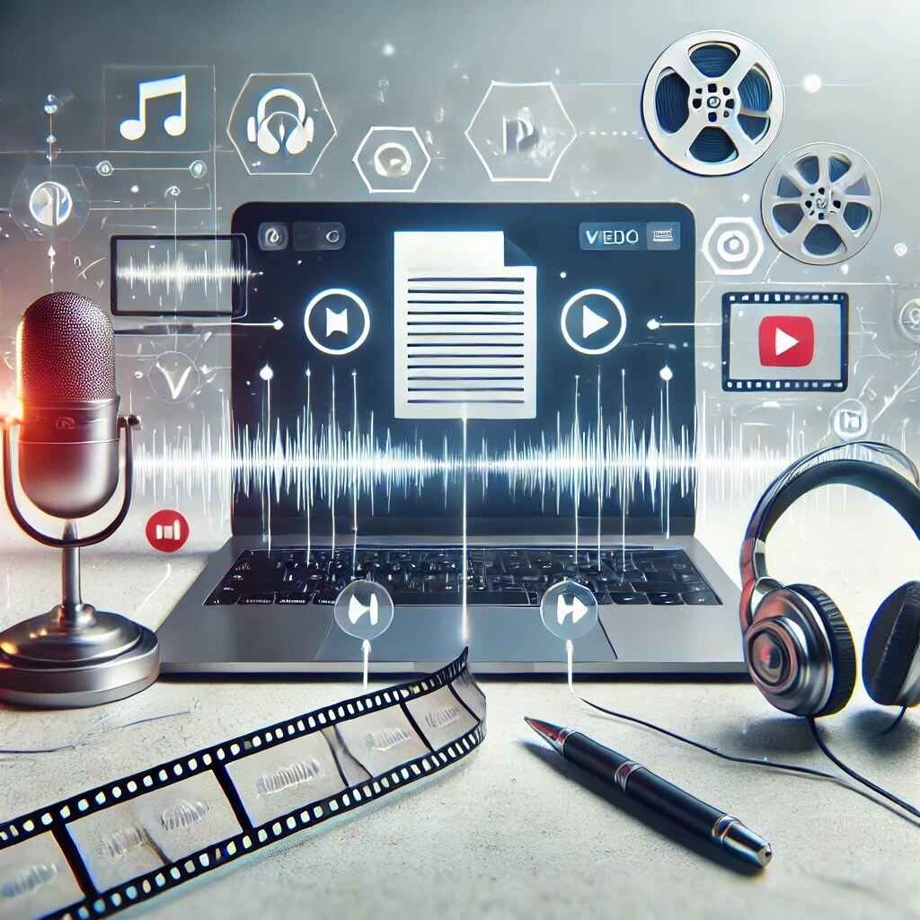 Digital illustration of a laptop and headphones with microphone and icons for film, video and music