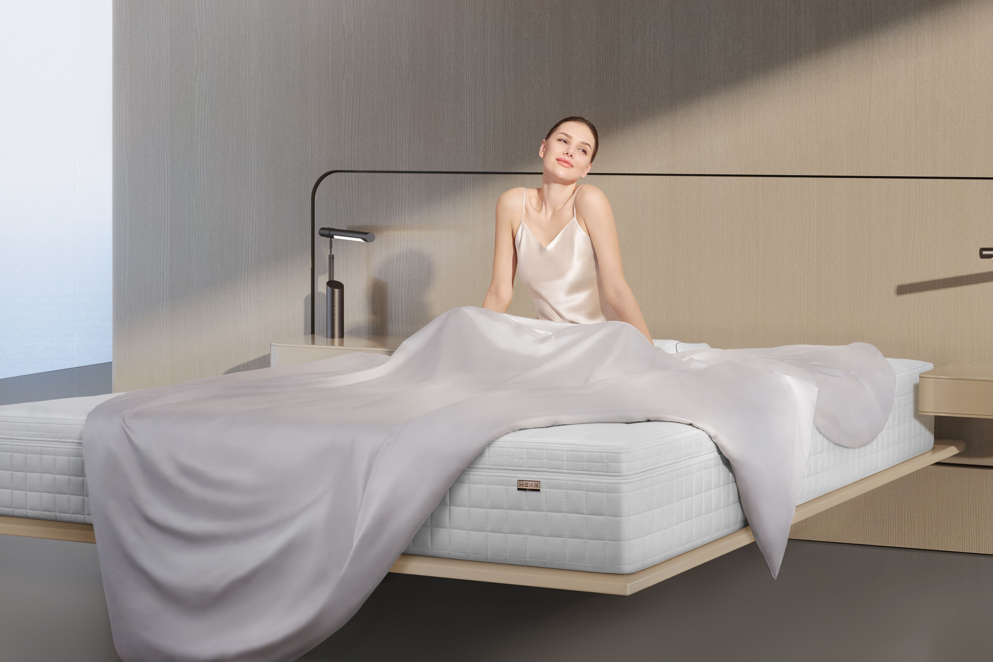 a woman sitting on bed