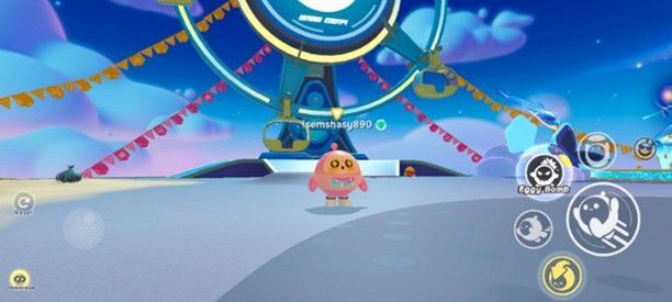 Colorful video game scene featuring a character named “semsheasy890” standing in front of a lit Ferris wheel, with action icons visible on the side.