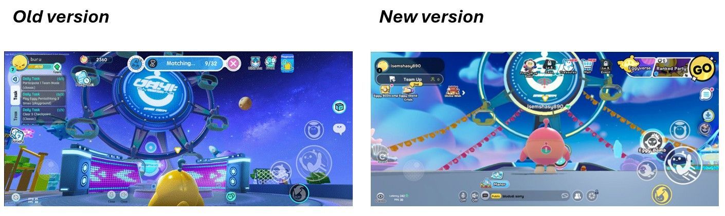 Side-by-side comparison of a game interface update, with older blue-themed design on the left and newer vibrant layout featuring character “isemshasy890” on the right.