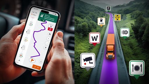A person holds a smartphone displaying a navigation app with a route highlighted in purple, alongside a digital rendering of a truck driving on a road with various icons indicating services and restrictions.
