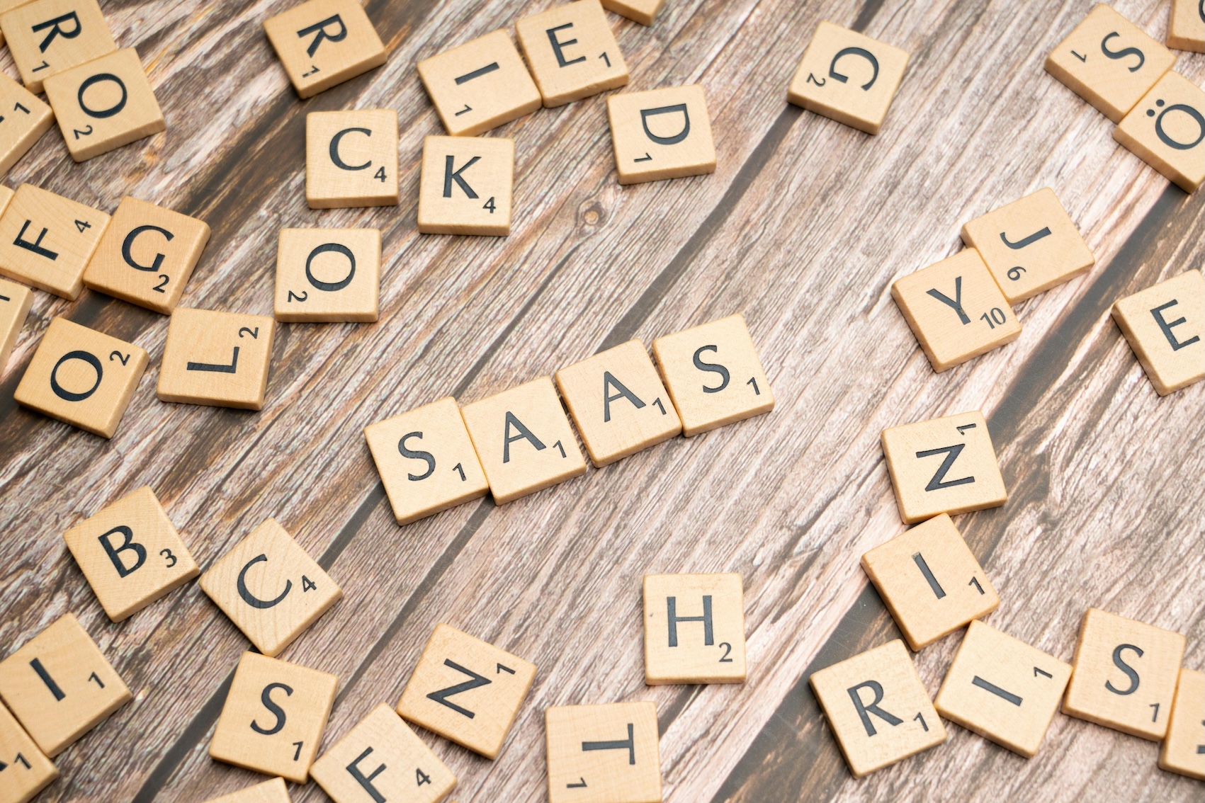 Concept photo for the importance of SAAS for B2B Lead Generation - scattered wooden scrabble tiles on a timber surface with the letters SAAS featured centre