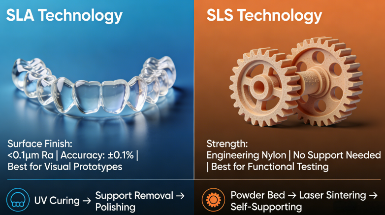 "Comparative diagram of SLA vs SLS 3D printing technologies, highlighting differences in surface finish, accuracy, and mechanical properties for prototype applications."