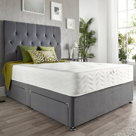 Spring Free Mattress in a stylish contemporary bedroom with shades of greens and greys