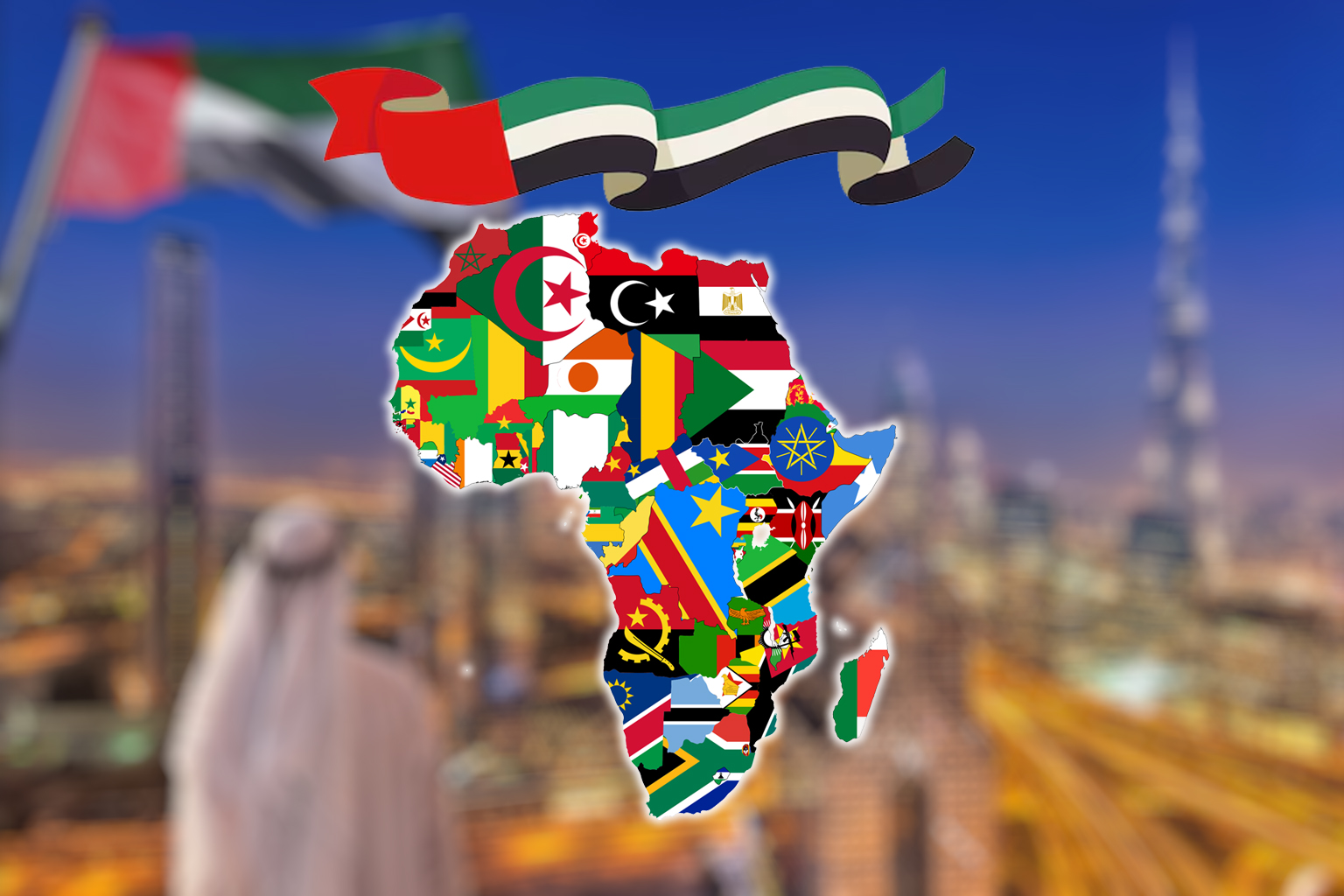 A map of Africa covered with African national flags under a banner featuring the UAE flag, set against a blurred Dubai skyline.