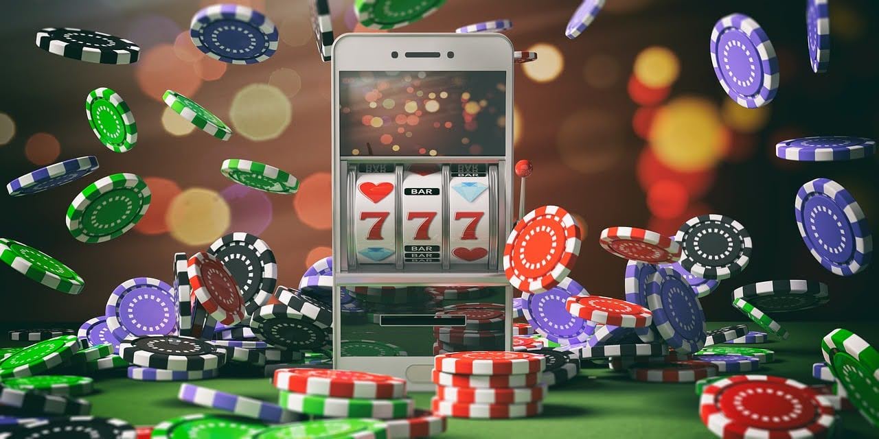 Smartphone screen showing a winning slot machine (777) surrounded by poker chips.